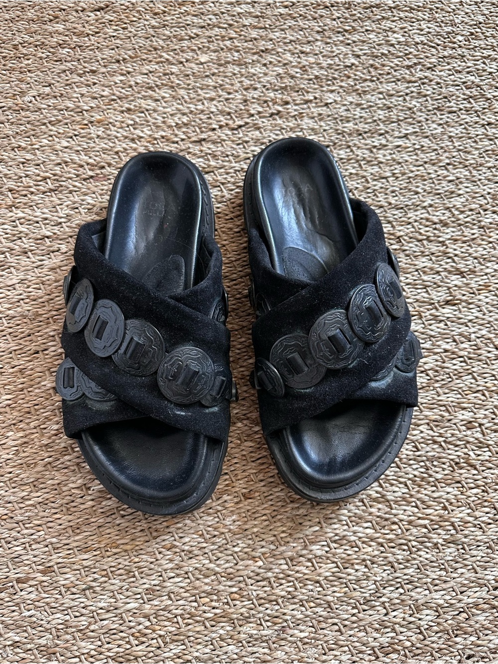 Toga Pulla Black Suede Slide Sandals with Decorative Coins